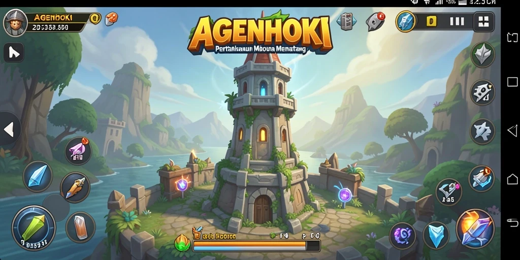 Tampilan gameplay seru dalam AGENHOKI, menara mempertahankan wilayah dari musuh.