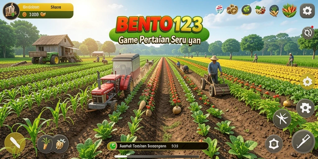 Screenshot gameplay BENTO123 menampilkan ladang pertanian yang subur dan aktivitas bercocok tanam.