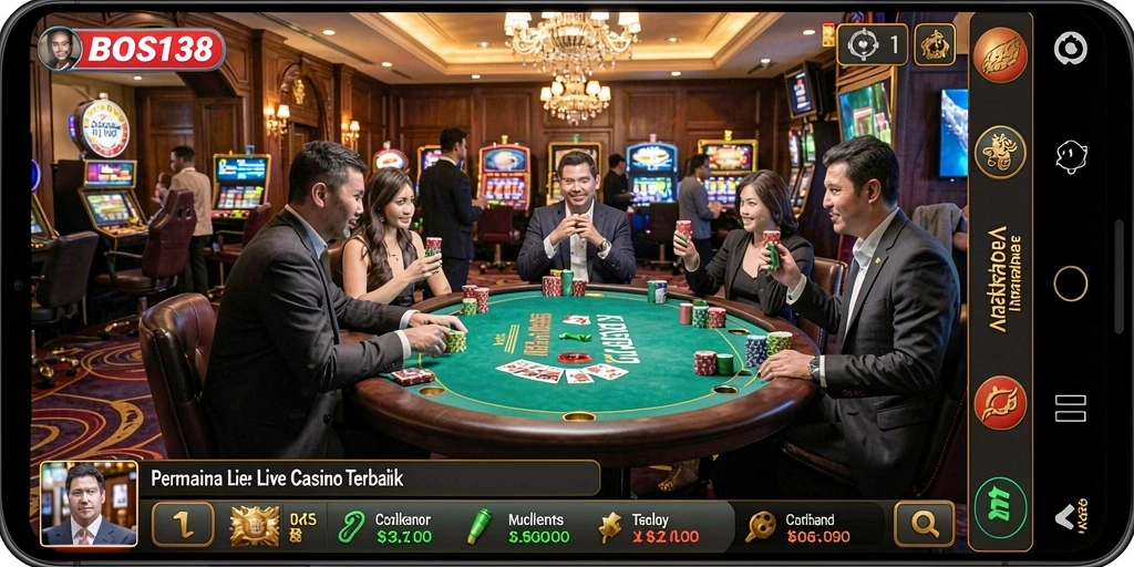 Screenshot gameplay BOS138 menampilkan dealer dan pemain dalam suasana Live Casino.