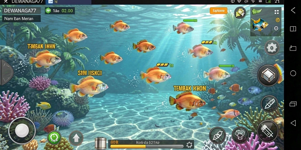 Screenshot gameplay DEWANAGA77 yang menampilkan aksi menembak ikan.