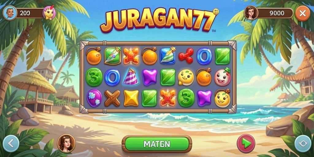 Screenshot utama JURAGAN77 menampilkan gameplay match-3 yang penuh warna.
