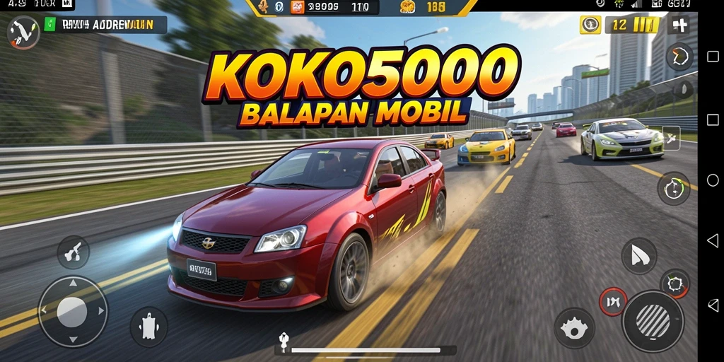 Screenshot gameplay KOKO5000 menunjukkan mobil balap melaju kencang di trek.