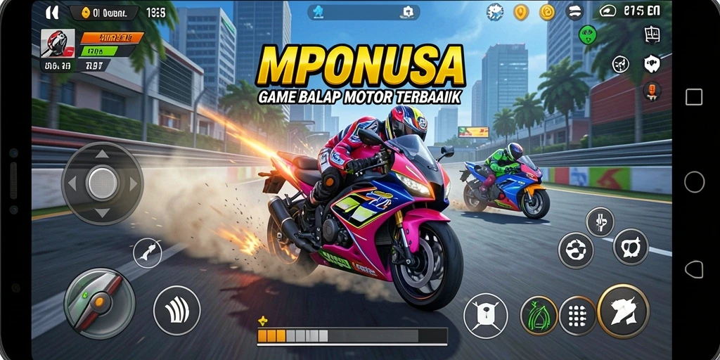 Tampilan seru gameplay balap motor di MPONUSA, penuh aksi dan kecepatan.