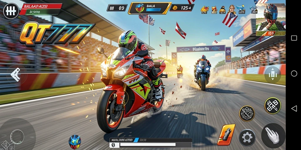 Screenshot gameplay QT777 menampilkan balapan motor yang mendebarkan.