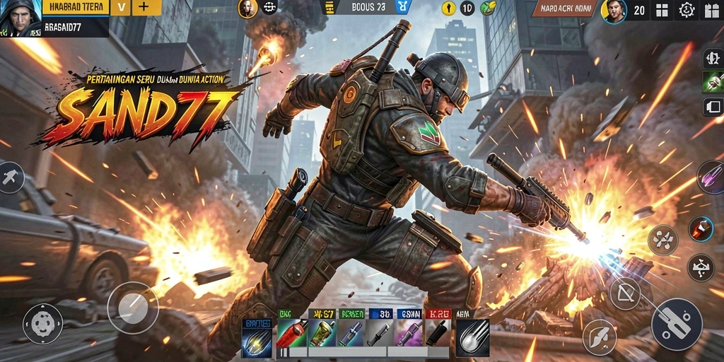 Tampilan gameplay SAND77 dengan aksi pertarungan yang mendebarkan.