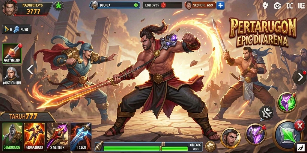 Screenshot utama TARUH777 menampilkan aksi pertarungan seru antara dua karakter.